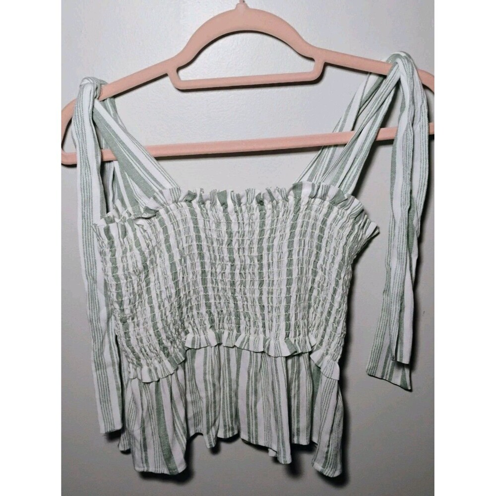 Lazy Sundays Cottagecore Smocked Tie Strap Peplum Top Green Stripe‎ Size M
